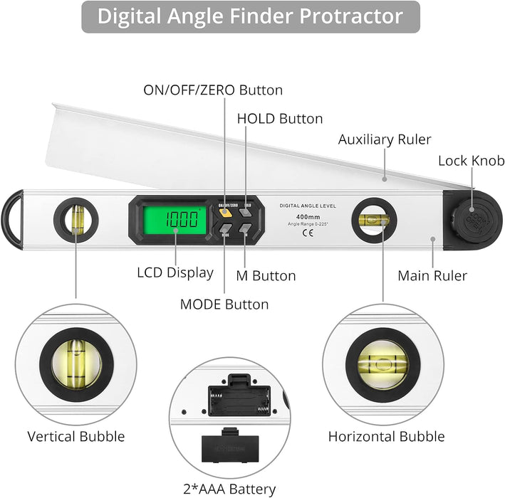 16 inch/40cm Aluminum Digital Angle Finder Built-in Bubble Vials