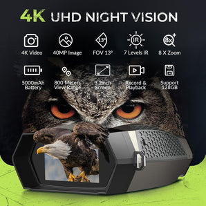 4K Night Vision Binoculars: 800M Range, 13° FOV, 7 IR Levels– Gift Set w/Compass & Pouch for Camping and Wildlife