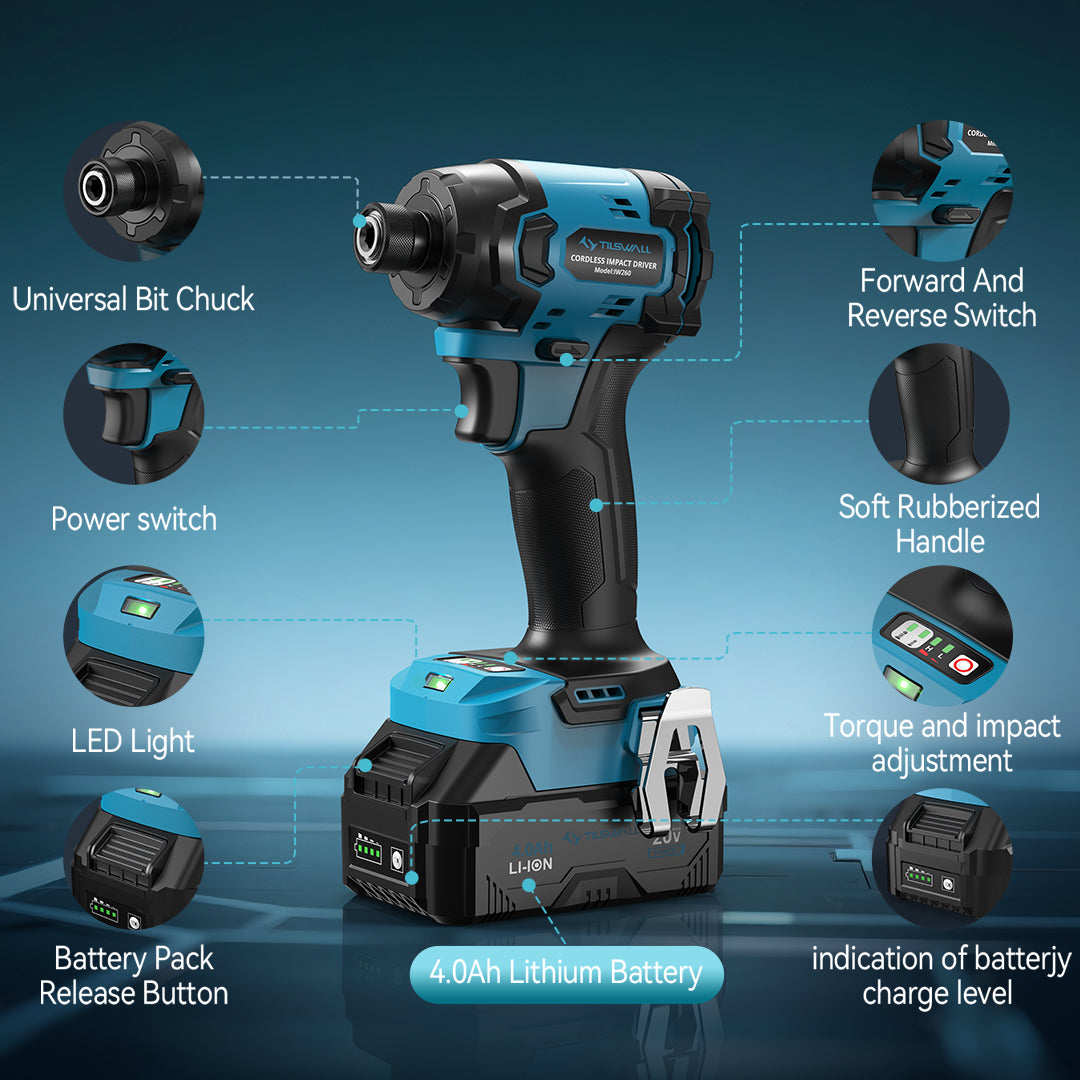Tilswall 20V Cordless Impact Driver, 260Nm Torque Brushless, 3-Speed