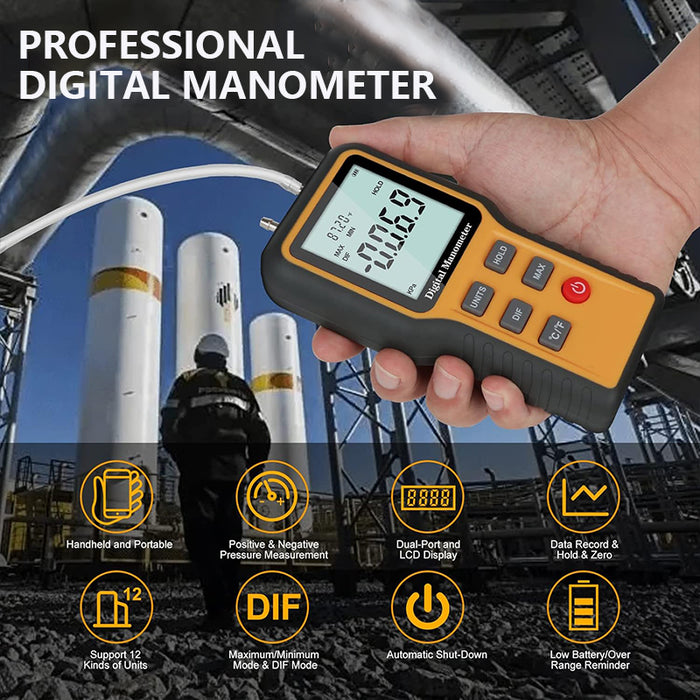Tilswall Air Pressure Meter, Dual-Port HVAC Digital Manometer