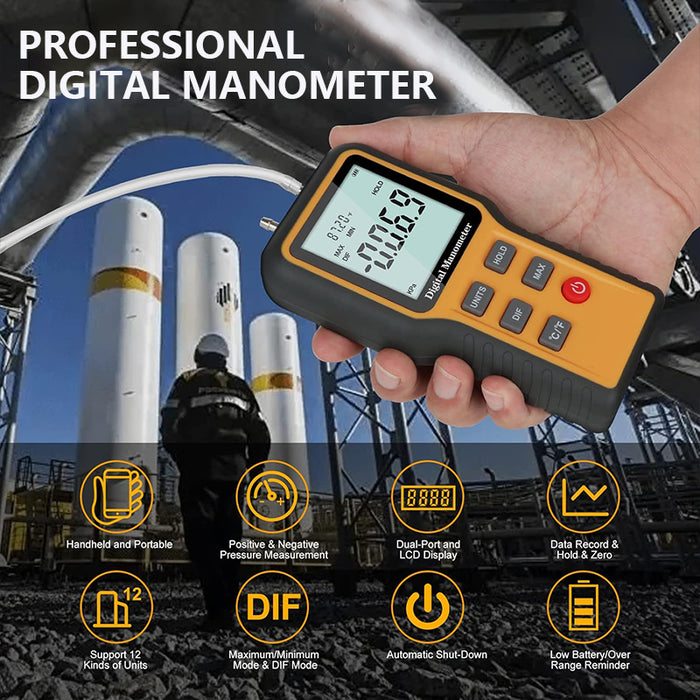 Dual-Port HVAC Digital Manometer Gas Pressure Tester