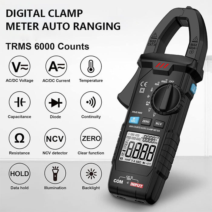 Digital Clamp Meter True RMS 6000 Counts Multimeter Voltage Tester