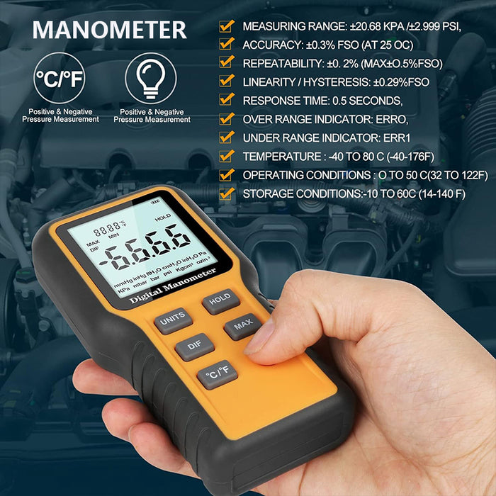 Dual-Port HVAC Digital Manometer Gas Pressure Tester