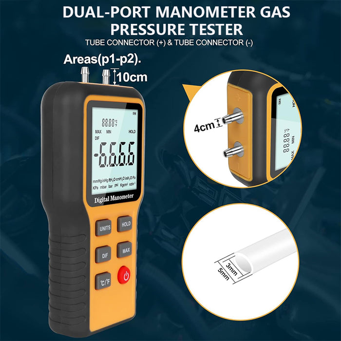 Dual-Port HVAC Digital Manometer Gas Pressure Tester
