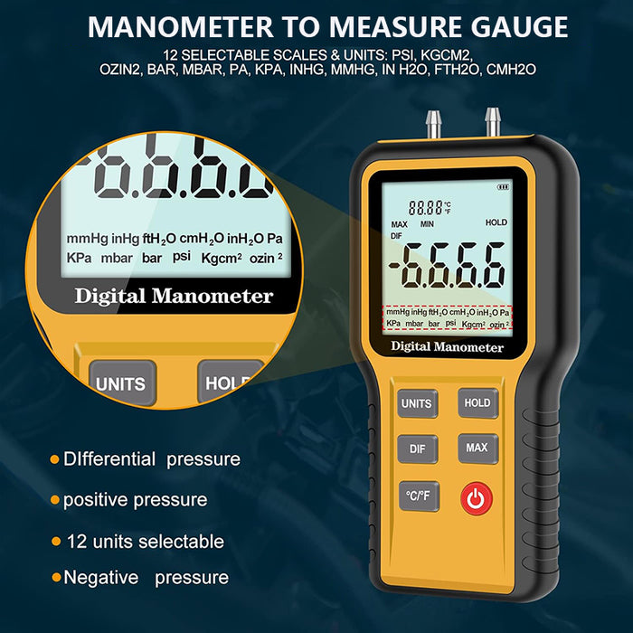 Dual-Port HVAC Digital Manometer Gas Pressure Tester