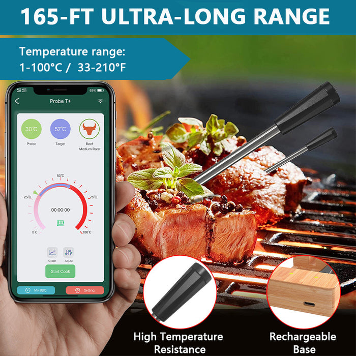 165 Ft Ultra-Long Wireless Range Bluetooth Meat Thermometer Digital with 2 Ultra-Thin Probe