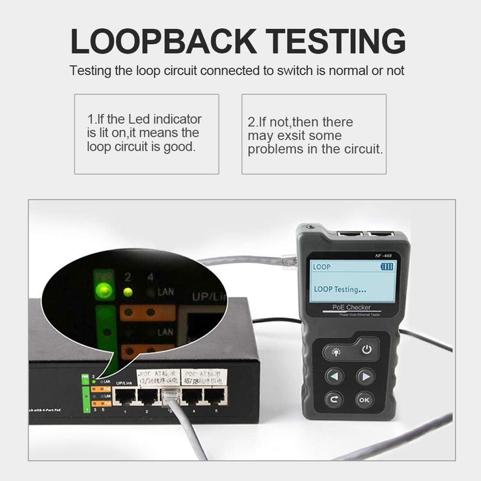 POE Ethernet Tester for Network Cable RJ45 Continuity Checking, DC Power, Switch Loop-Back Test