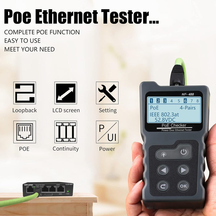 POE Ethernet Tester for Network Cable RJ45 Continuity Checking, DC Power, Switch Loop-Back Test