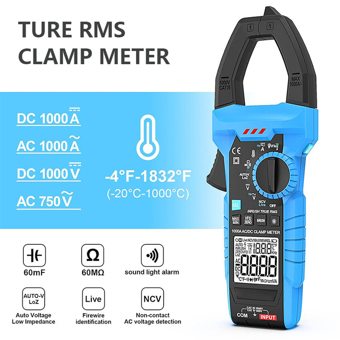 Tilswall Digital Clamp Meter, Volt Meter Auto-ranging Measures AC/DC Amp Clamp