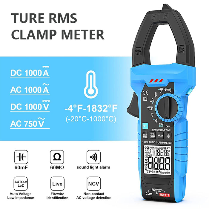 Inrush Clamp Meter 1000A True RMS AC/DC Current Amp Meter