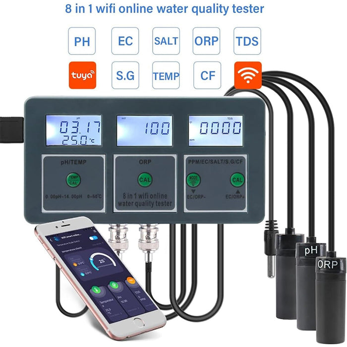 WiFi Water Quality Tester 8 in 1 S.G/PH/EC/ORP/TDS/CF/Salt/Temp Measuring Analyzer